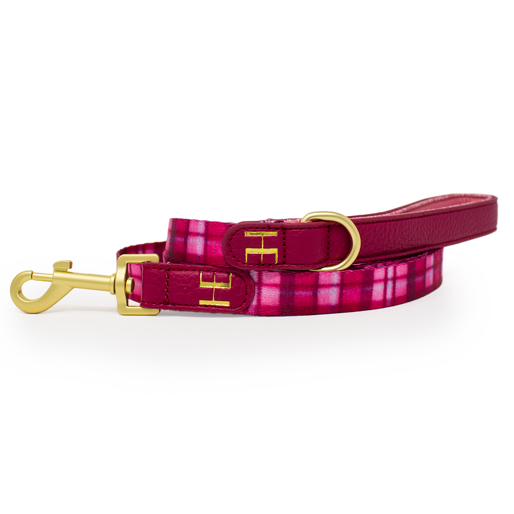 Rose Berry Plaid Dog Collar + Tag Holder