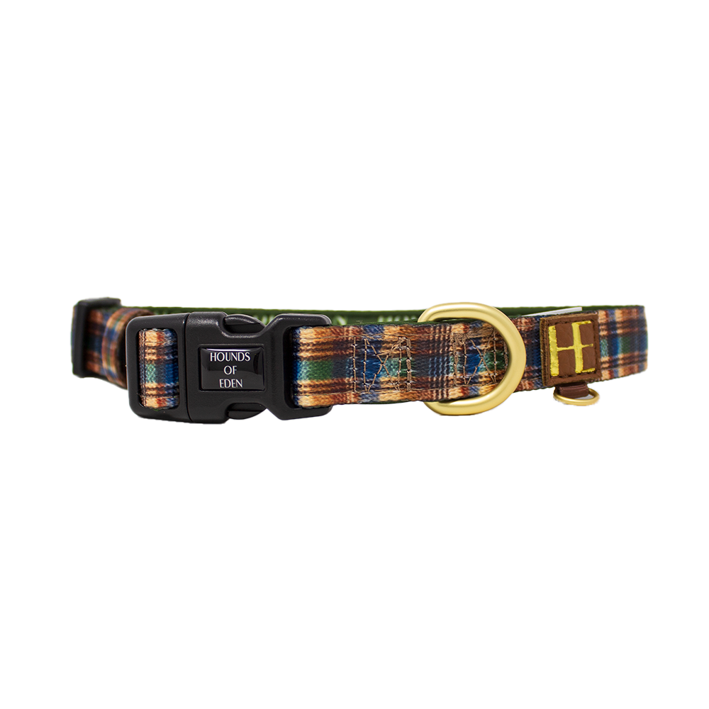 Oak Forest Plaid Dog Collar + Tag Holder