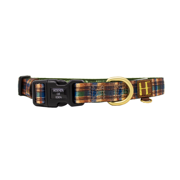 Oak Forest Plaid Dog Collar + Tag Holder