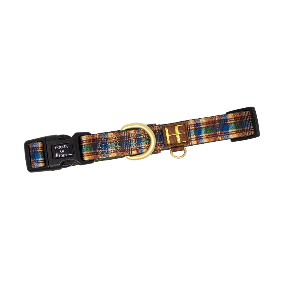 Oak Forest Plaid Dog Collar + Tag Holder